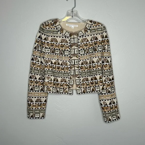 Veronica Beard Daryl Embellished Tan Brown Geometric Cotton Jacket - Picture 4 of 14
